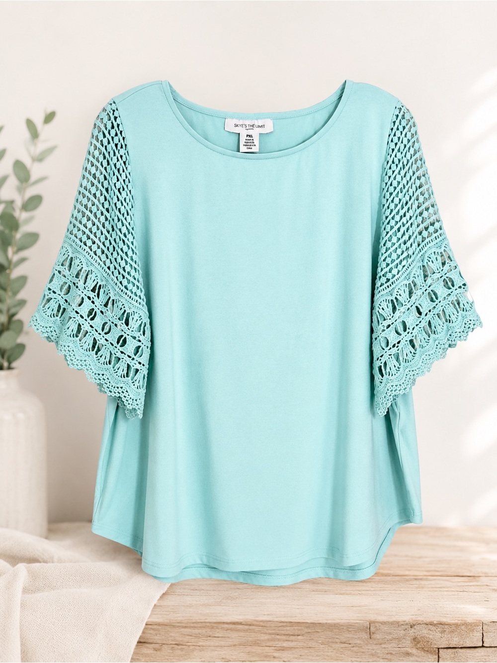 Skye’s the Limit Petite PXL Aqua Crochet Bell Sleeve Boho Cotton Knit Top